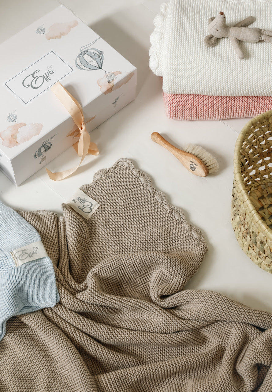 Organic cotton baby blankets by Effiki in ivory, pink, and beige